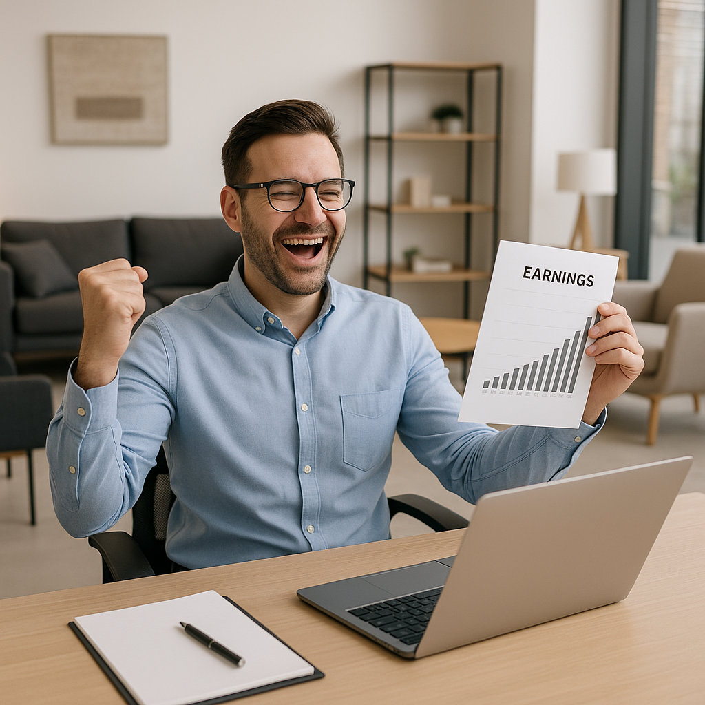 Happy furniture store owner man sitting in his office modern and sleek looking at his end of year earnings and being very happy surrounded by furniture-1